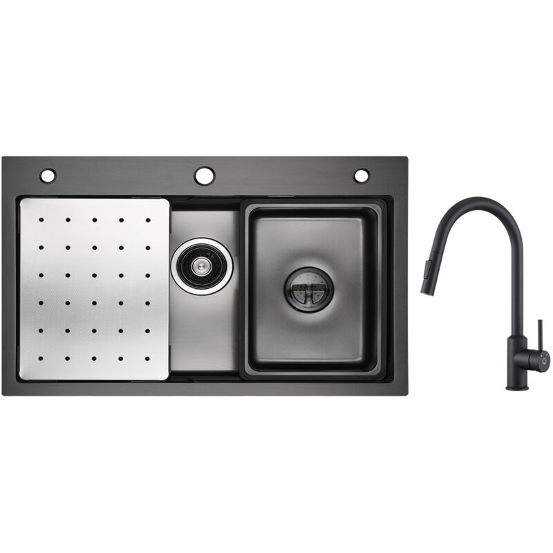 Cecipa - vier 1 Bac 70×45cm avec Egouttoir, Vasque et Distributeur de Savon + Mitigeur de Cuisine avec Douchette Extractible Noir