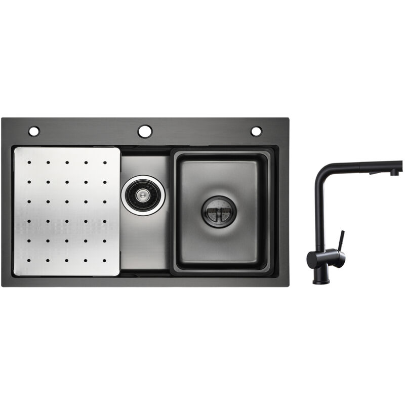 Cecipa - vier 1 Bac 70×45cm avec Egouttoir, Vasque et Distributeur de Savon + Robinet Cuisine avec Douchette Extractible, Mitigeur d'évier Noir