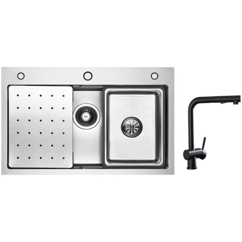 Cecipa - vier 1 Bac 70×45cm avec Egouttoir, Vasque et Distributeur de Savon + Robinet Cuisine avec Douchette Extractible, Mitigeur d'évier Noir