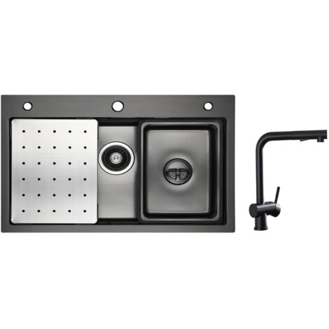 Cecipa Évier 1 Bac 70×45cm avec Egouttoir, Vasque et Distributeur de Savon + Robinet Cuisine avec Douchette Extractible, Mitigeur d'évier Noir