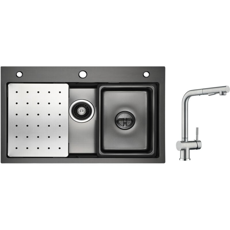 Cecipa - vier 1 Bac 70×45cm avec Egouttoir, Vasque et Distributeur de Savon + Robinet Cuisine avec Douchette, Mitigeur Extractible Brossé