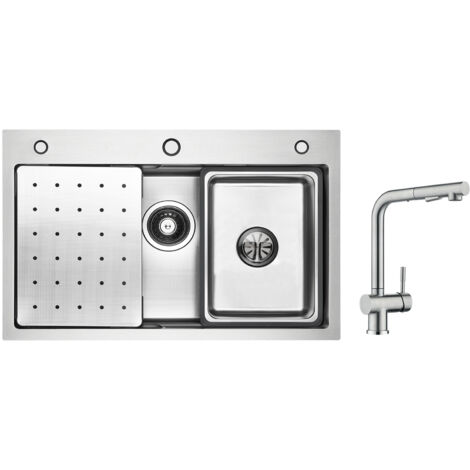 Cecipa Évier 1 Bac 70×45cm avec Egouttoir, Vasque et Distributeur de Savon + Robinet Cuisine avec Douchette, Mitigeur Extractible Brossé