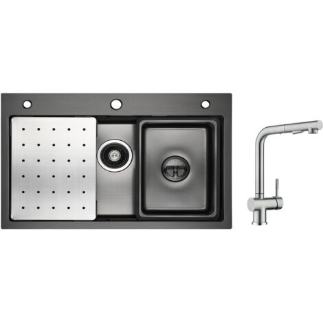 Cecipa Évier 1 Bac 70×45cm avec Egouttoir, Vasque et Distributeur de Savon + Robinet Cuisine avec Douchette, Mitigeur Extractible Brossé