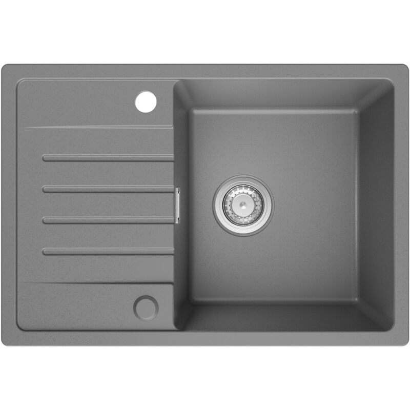 Cecipa - Evier 1 Bac avec Egouttoir 65 x 45 cm Evier de Cuisine à Encastrer en Quartz et Résine Evier 1 Bac Gris Deux directions d'installation