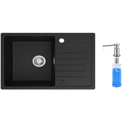 Cecipa Evier 1 Bac avec Egouttoir, Evier de Cuisine en Quartz et Résine 78x45cm Grande Capacité Evier Noir + 300ML Distributeur de Savon Brossé
