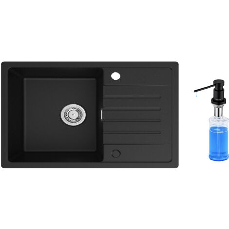 Cecipa Evier 1 Bac avec Egouttoir, Evier de Cuisine en Quartz et Résine 78x45cm Grande Capacité Evier Noir + 300ML Distributeur de Savon Noir