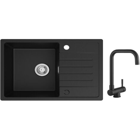 Cecipa Evier 1 Bac avec Egouttoir, Evier de Cuisine en Quartz et Résine 78x45cm Grande Capacité Evier Noir + Cuisine Rabattable Robinet Pliable Mitigeur Sous Fenêtre Noir