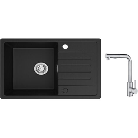 Cecipa Evier 1 Bac avec Egouttoir, Evier de Cuisine en Quartz et Résine 78x45cm Grande Capacité Evier Noir + Mitigeur Cuisine avec Douchette Extractible - 2 Jets aux Choix - Brossé