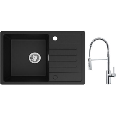 Cecipa Evier 1 Bac avec Egouttoir, Evier de Cuisine en Quartz et Résine 78x45cm Grande Capacité Evier Noir + Mitigeur de Cuisine à Ressort avec Douchette Extractible, Robinet Evier 2 Modes de Sortie D