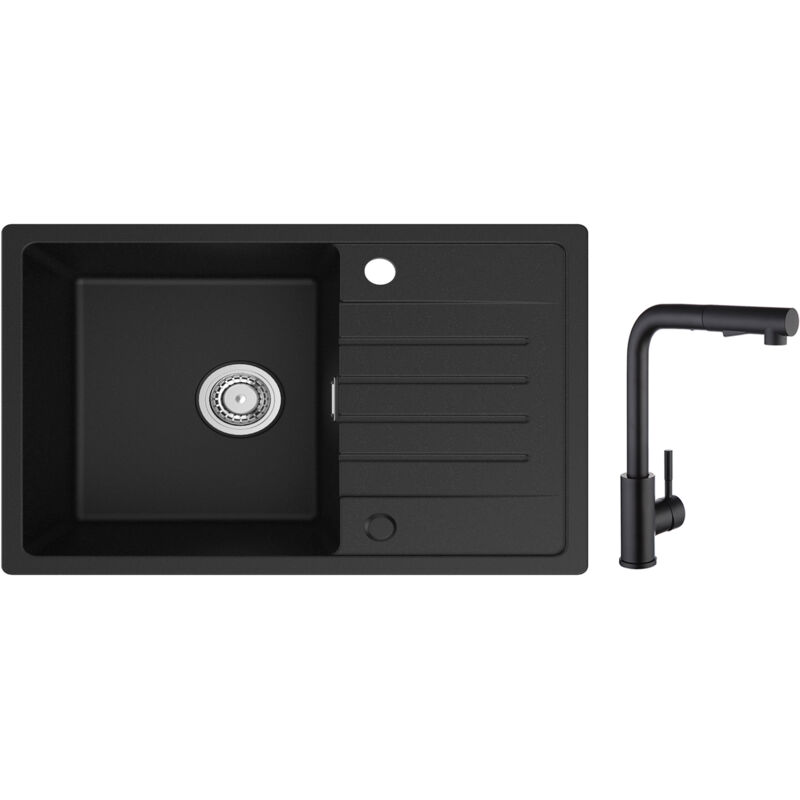 Cecipa - Evier 1 Bac avec Egouttoir, Evier de Cuisine en Quartz et Résine 78x45cm Grande Capacité Evier Noir + Mitigeur de Cuisine avec Douchette