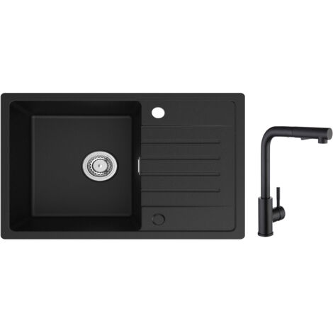 Cecipa Evier 1 Bac avec Egouttoir, Evier de Cuisine en Quartz et Résine 78x45cm Grande Capacité Evier Noir + Mitigeur de Cuisine avec Douchette Extractible 2 Modes de pulvérisat