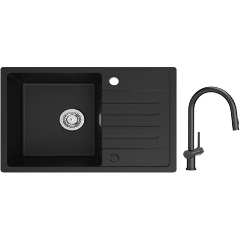 Cecipa Evier 1 Bac avec Egouttoir, Evier de Cuisine en Quartz et Résine 78x45cm Grande Capacité Evier Noir + Mitigeur de Cuisine avec Douchette Extractible avec 2 Types de Jet Noir