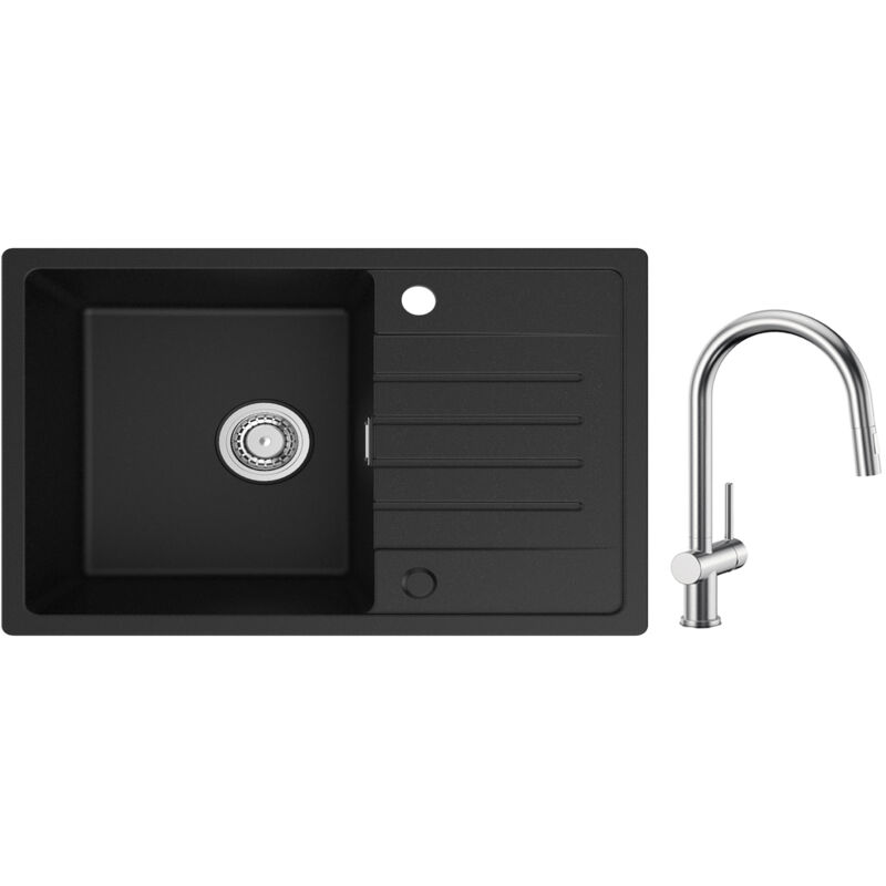Cecipa - Evier 1 Bac avec Egouttoir, Evier de Cuisine en Quartz et Résine 78x45cm Grande Capacité Evier Noir + Mitigeur de Cuisine avec Douchette