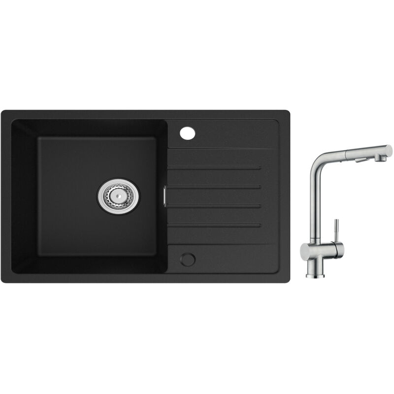 Cecipa Evier 1 Bac avec Egouttoir, Evier de Cuisine en Quartz et Résine 78x45cm Grande Capacité Evier Noir + Robinet Cuisine avec Douchette Mitigeur
