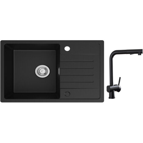Cecipa Evier 1 Bac avec Egouttoir, Evier de Cuisine en Quartz et Résine 78x45cm Grande Capacité Evier Noir + Robinets Cuisine avec Douchette Extractible, Mitigeur d'évier Noir