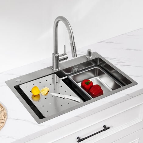 Cecipa Évier 1 Bac avec Egouttoir + Vasque + Distributeur de Savon Gratuit, 70×45 CM Évier Cuisine Inox Argent