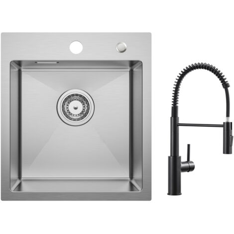 Cecipa Évier 1 Bac Brossé Évier de Cuisine 40 × 45 cm Évier Inox 304 Montage à Encastrer + Mitigeur de Cuisine à Ressort avec Douchette Extractible, Robinet Evier 2 Modes de Sortie D'eau, Noir