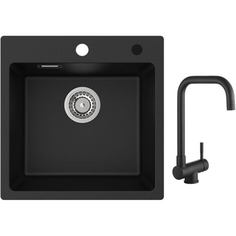 Cecipa Evier 1 Bac en Quartz et Résine 45x45cm Evier de Cuisine Evier à Encastrer 1 cuve + Cuisine Rabattable Robinet Pliable Mitigeur Sous Fenêtre Noir
