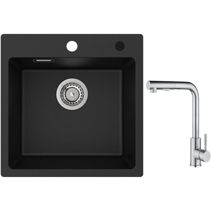 Cecipa - Evier 1 Bac en Quartz et Résine 45x45cm Evier de Cuisine Evier à Encastrer 1 cuve + Mitigeur Cuisine avec Douchette Extractible - 2 Jets aux