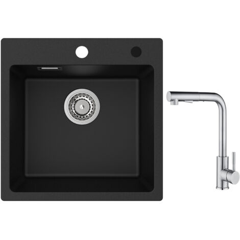 Cecipa Evier 1 Bac en Quartz et Résine 45x45cm Evier de Cuisine Evier à Encastrer 1 cuve + Mitigeur Cuisine avec Douchette Extractible - 2 Jets aux Choix - Brossé