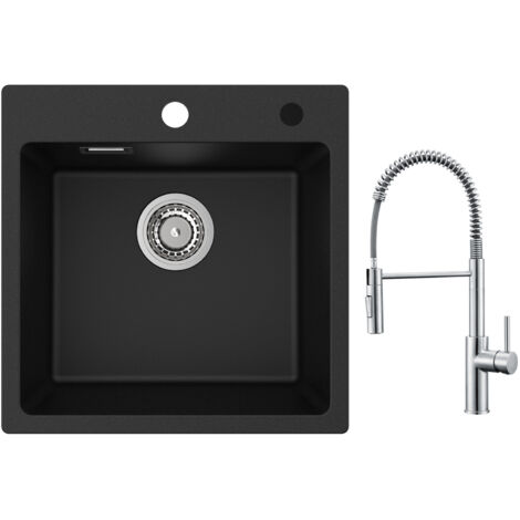 Cecipa Evier 1 Bac en Quartz et Résine 45x45cm Evier de Cuisine Evier à Encastrer 1 cuve + Mitigeur de Cuisine à Ressort avec Douchette Extractible, Robinet Evier 2 Modes de Sortie D'eau, Brossé