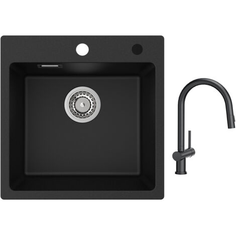 Cecipa Evier 1 Bac en Quartz et Résine 45x45cm Evier de Cuisine Evier à Encastrer 1 cuve + Mitigeur de Cuisine avec Douchette Extractible avec 2 Types de Jet Noir