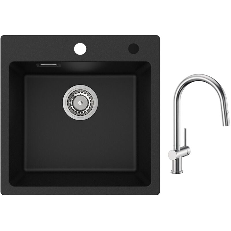 Cecipa - Evier 1 Bac en Quartz et Résine 45x45cm Evier de Cuisine Evier à Encastrer 1 cuve + Mitigeur de Cuisine avec Douchette Extractible Brossé