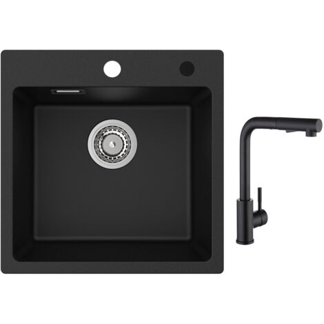 Cecipa Evier 1 Bac en Quartz et Résine 45x45cm Evier de Cuisine Evier à Encastrer 1 cuve + Noir Mitigeur de Cuisine avec Douchette Extractible 2 Modes de pulvérisat