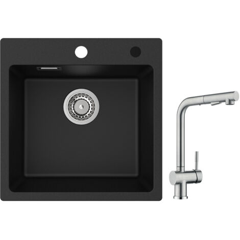 Cecipa Evier 1 Bac en Quartz et Résine 45x45cm Evier de Cuisine Evier à Encastrer 1 cuve + Robinet Cuisine avec Douchette Mitigeur d'évier Extractible Brossé