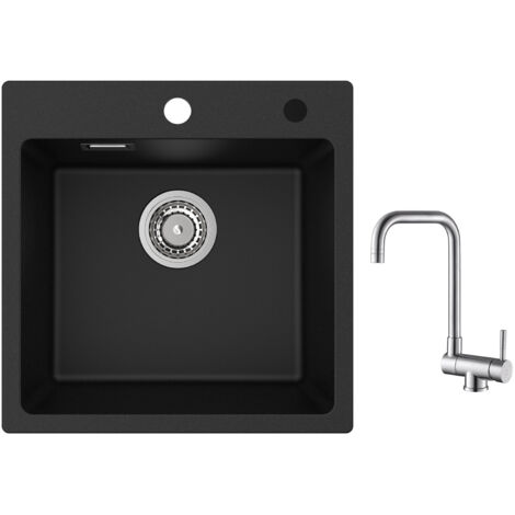 Cecipa Evier 1 Bac en Quartz et Résine 45x45cm Evier de Cuisine Evier à Encastrer 1 cuve + Robinet Cuisine Rabattable Mitigeur de Evier Repliable Brossé
