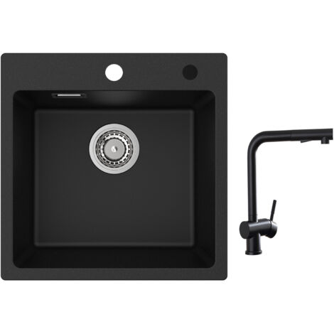 Cecipa Evier 1 Bac en Quartz et Résine 45x45cm Evier de Cuisine Evier à Encastrer 1 cuve + Robinets Cuisine avec Douchette Extractible, Mitigeur d'évier Noir