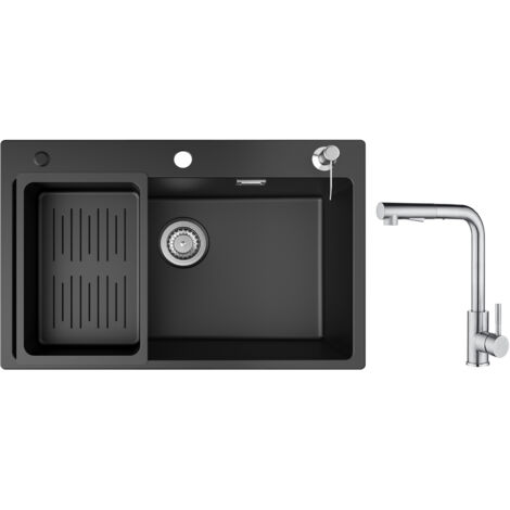 Cecipa Evier 1 Bac en Quartz et Résine 70x45cm Evier de Cuisine avec Panier de Vidange et Distributeur de Savon + Mitigeur Cuisine Brossé avec Douchette Extractible