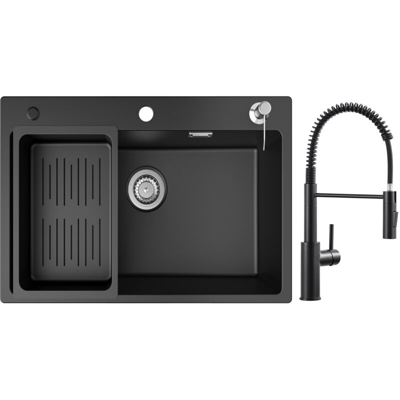 Cecipa - Evier 1 Bac en Quartz et Résine 70x45cm Evier de Cuisine avec Panier de Vidange et Distributeur de Savon + Mitigeur de Cuisine à Ressort