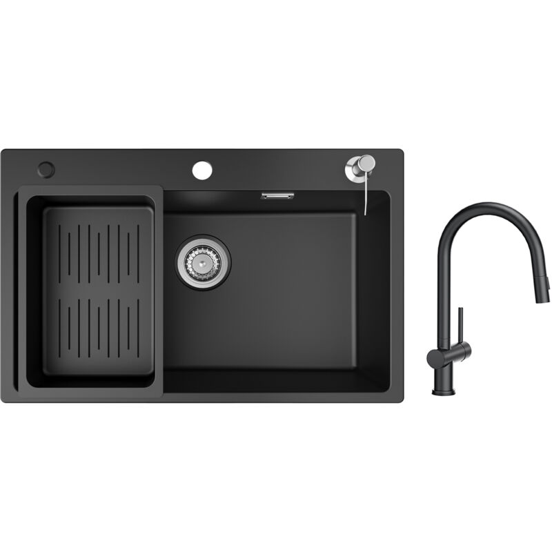 Cecipa - Evier 1 Bac en Quartz et Résine 70x45cm Evier de Cuisine avec Panier de Vidange et Distributeur de Savon + Mitigeur de Cuisine avec