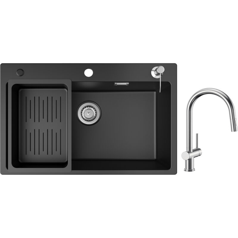 Cecipa Evier 1 Bac en Quartz et Résine 70x45cm Evier de Cuisine avec Panier de Vidange et Distributeur de Savon + Mitigeur de Cuisine avec Douchette