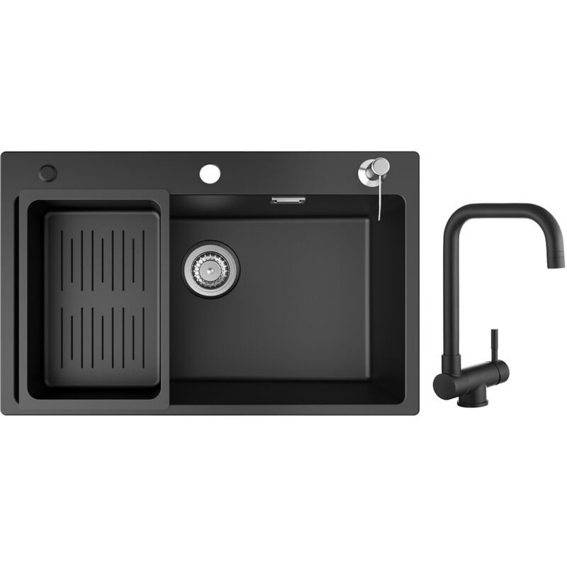 Cecipa - Evier 1 Bac en Quartz et Résine 70x45cm Evier de Cuisine avec Panier de Vidange et Distributeur de Savon + Mitigeur Rabattable Robinet