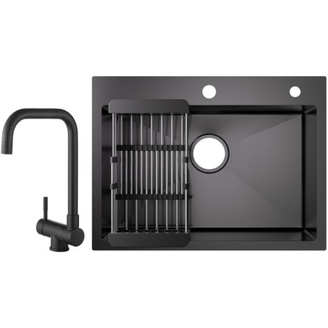 Cecipa Évier 1 Bac Inox avec Panier de Drainage - Évier de Cuisine Noir 60×45×18 cm + Cuisine Rabattable Robinet Pliable Mitigeur Sous Fenêtre Noir