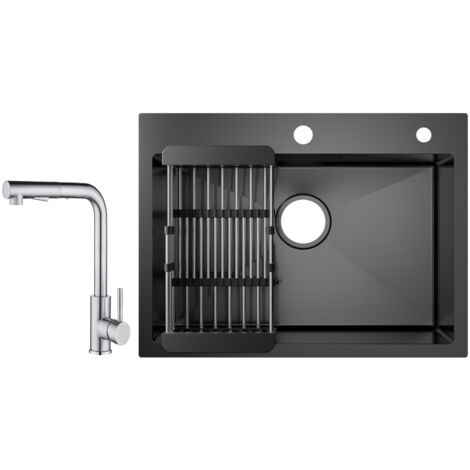 Cecipa Évier 1 Bac Inox avec Panier de Drainage - Évier de Cuisine Noir 60×45×18 cm + Mitigeur Cuisine avec Douchette Extractible - 2 Jets aux Choix - Brossé