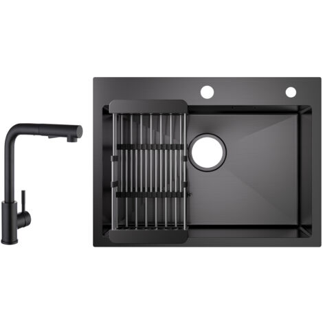 Cecipa Évier 1 Bac Inox avec Panier de Drainage - Évier de Cuisine Noir 60×45×18 cm + Mitigeur de Cuisine avec Douchette Extractible 2 Modes de pulvérisat