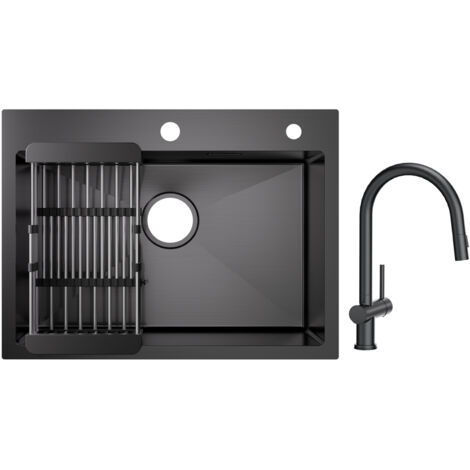 Cecipa Évier 1 Bac Inox avec Panier de Drainage - Évier de Cuisine Noir 60×45×18 cm + Mitigeur de Cuisine avec Douchette Extractible avec 2 Types de Jet Noir