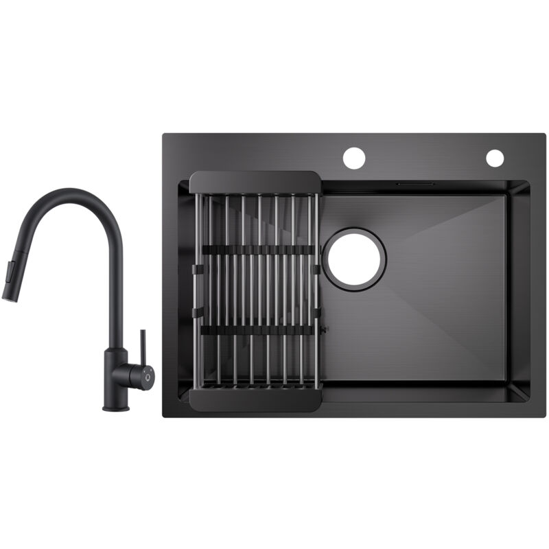 Cecipa - vier 1 Bac Inox avec Panier de Drainage - Évier de Cuisine Noir 60×45×18 cm + Mitigeur de Cuisine avec Douchette Extractible Rotatif à 360 °