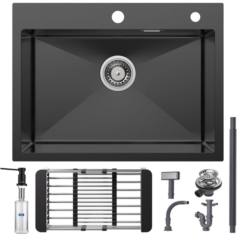 Cecipa - vier 1 Bac Inox avec Panier de Drainage - Évier de Cuisine Noir 60×45×18 cm + Noir Distributeur de Savon de Cuisine avec Récipient de 300ML