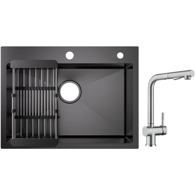 Cecipa - vier 1 Bac Inox avec Panier de Drainage - Évier de Cuisine Noir 60×45×18 cm + Robinet Cuisine avec Douchette Mitigeur d'évier Extractible