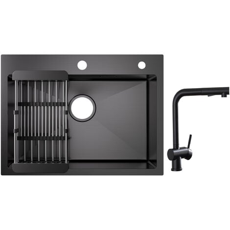 Cecipa Évier 1 Bac Inox avec Panier de Drainage - Évier de Cuisine Noir 60×45×18 cm + Robinets Cuisine avec Douchette Extractible, Mitigeur d'évier Noir