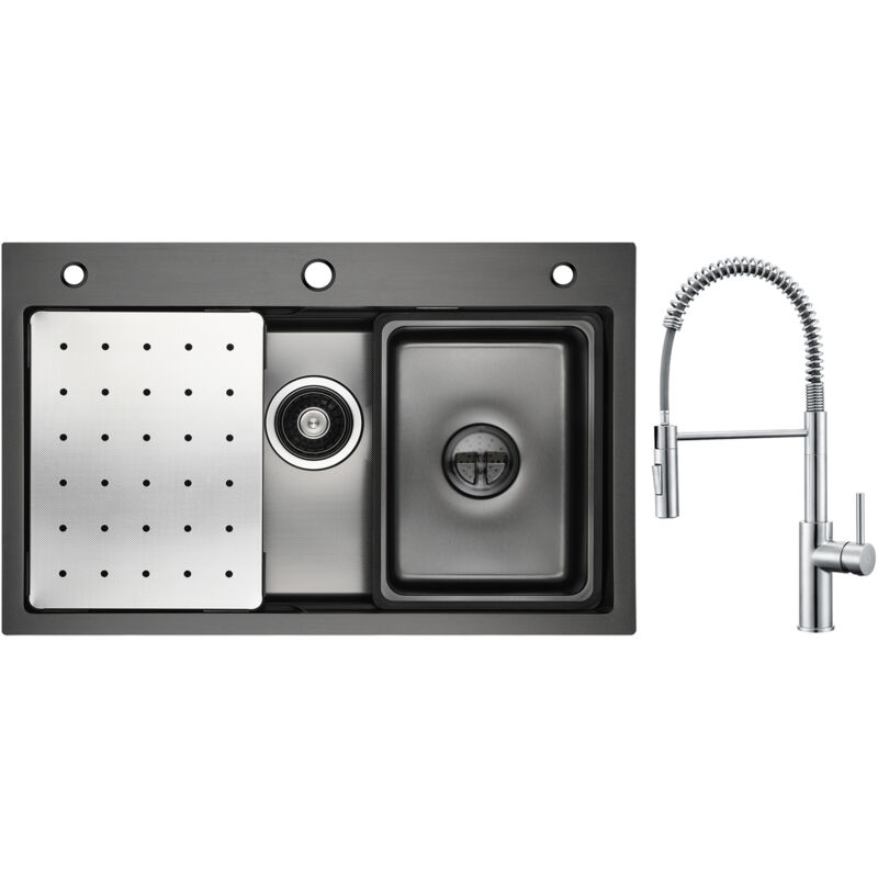 Cecipa - vier 1 Bac Noir 70×45cm avec Egouttoir / Vasque / Distributeur de Savon + Mitigeur de Cuisine à Ressort avec Douchette Extractible, Robinet