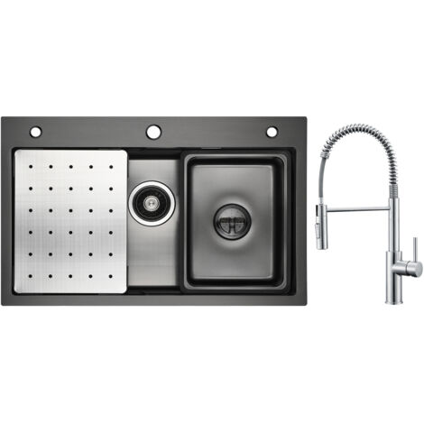 Cecipa Évier 1 Bac Noir 70×45cm avec Egouttoir / Vasque / Distributeur de Savon + Mitigeur de Cuisine à Ressort avec Douchette Extractible, Robinet Evier 2 Modes de Sortie D'eau, Brossé
