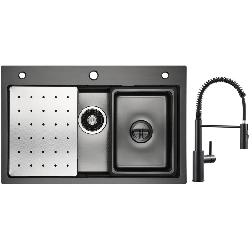 Cecipa - vier 1 Bac Noir 70×45cm avec Egouttoir / Vasque / Distributeur de Savon + Mitigeur de Cuisine à Ressort avec Douchette Extractible, Robinet