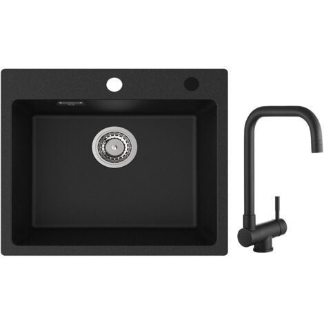 Cecipa Evier 1 Bac Quartz Noir 50x45cm Evier de Cuisine en Quartz Evier de Cuisine en Granit + Cuisine Rabattable Robinet Pliable Mitigeur Sous Fenêtre Noir