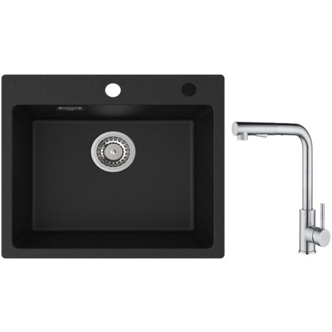 Cecipa Evier 1 Bac Quartz Noir 50x45cm Evier de Cuisine en Quartz Evier de Cuisine en Granit + Mitigeur Cuisine avec Douchette Extractible - 2 Jets aux Choix - Brossé