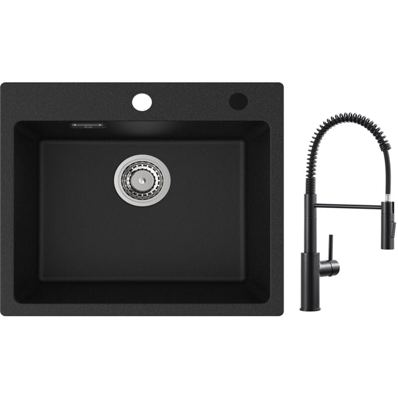 Cecipa - Evier 1 Bac Quartz Noir 50x45cm Evier de Cuisine en Quartz Evier de Cuisine en Granit + Mitigeur de Cuisine à Ressort avec Douchette